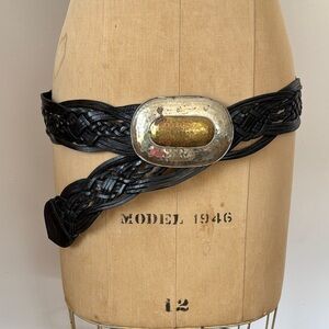 Chicos Woven Black Leather Belt with Hammered Metal Two Tone Buckle L/XL